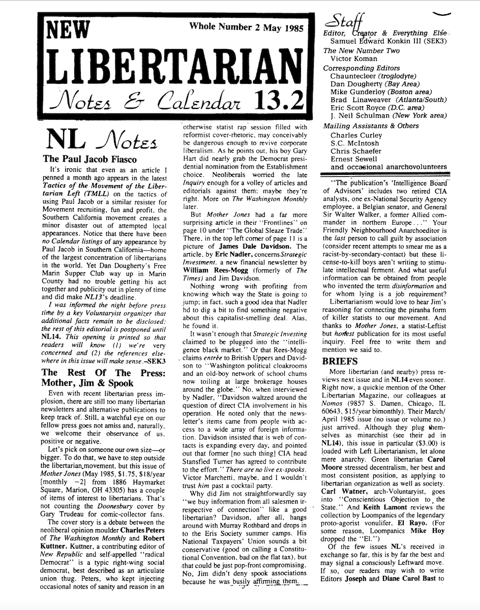 Cover of New Libertarian Notes and Calendar Volume 4 Number 13.2 (NL167)