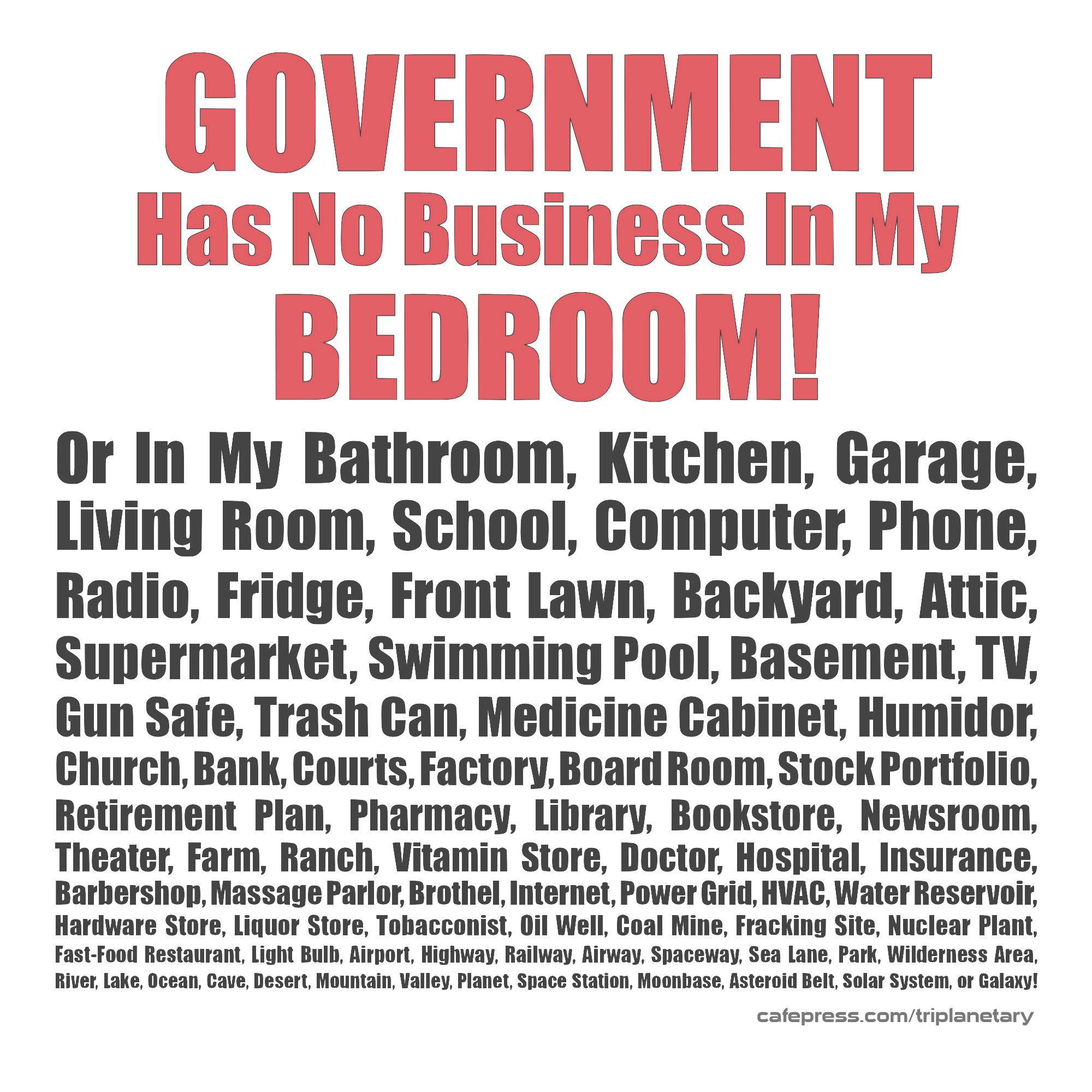 Red, white, and black image of 'Government Has No Business in My Bedroom' T-shirt