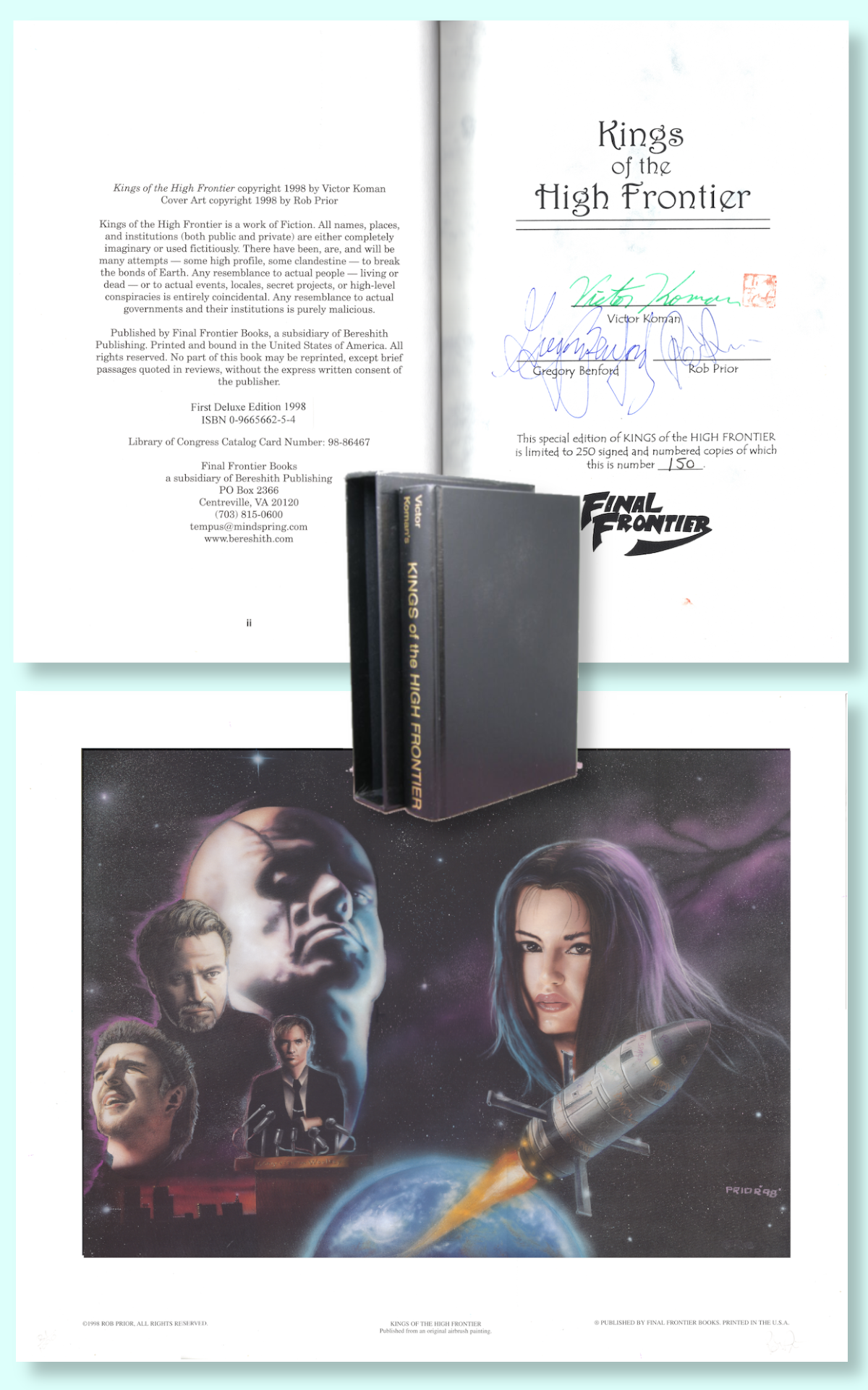 Combo image of Kings of the High Frontier Deluxe Edition slipcased book, autograph page, and Rob Prior cover art print.