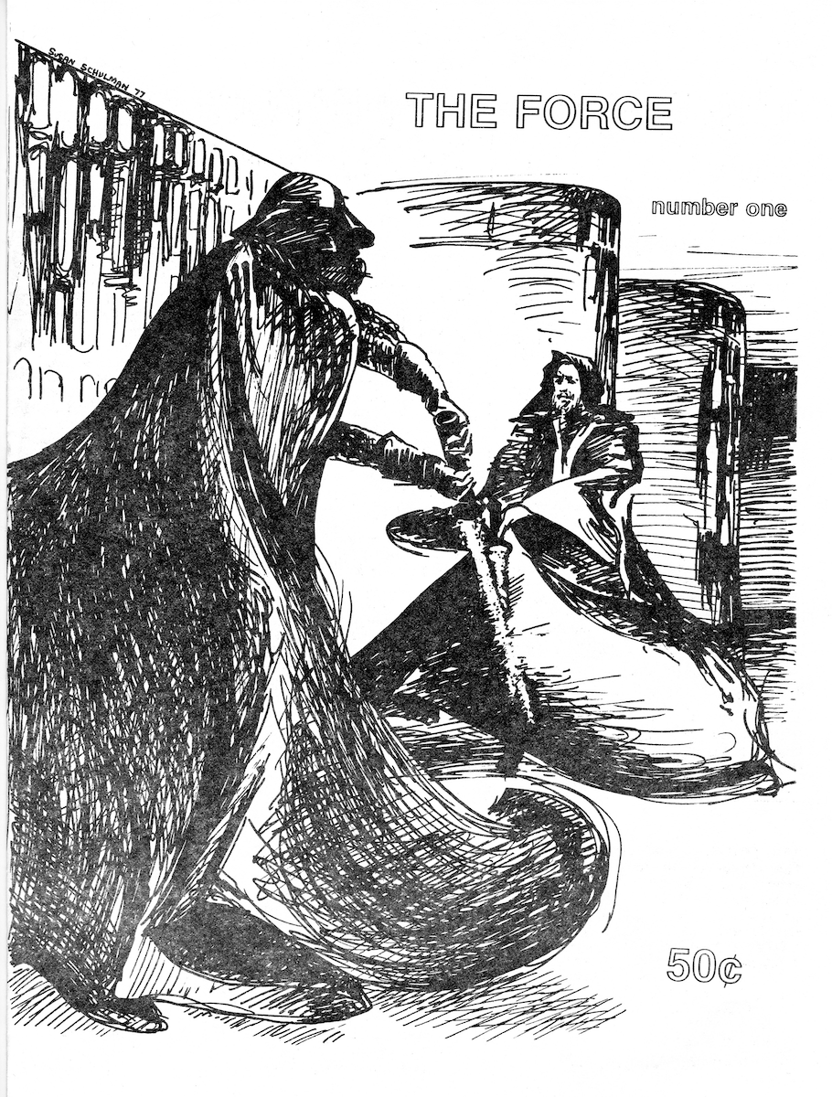 Black and white image of The Force #1 front page, drawn by Susan Schulman showing Darth Vader confronting Obi Wan Kenobi.