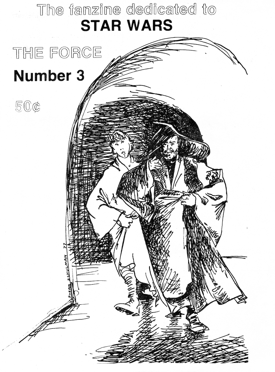 Black and white image of THE FORCE #3 front page, drawn by Susan Schulman depicting Obi-Wan Kenobi with a callow Luke in tow.