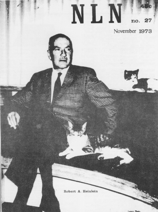 Black and white photo of Robert A. Heinlein on couch with two cats. Cover of New Libertarian Notes No. 27 (NL032). Photographer unknown.