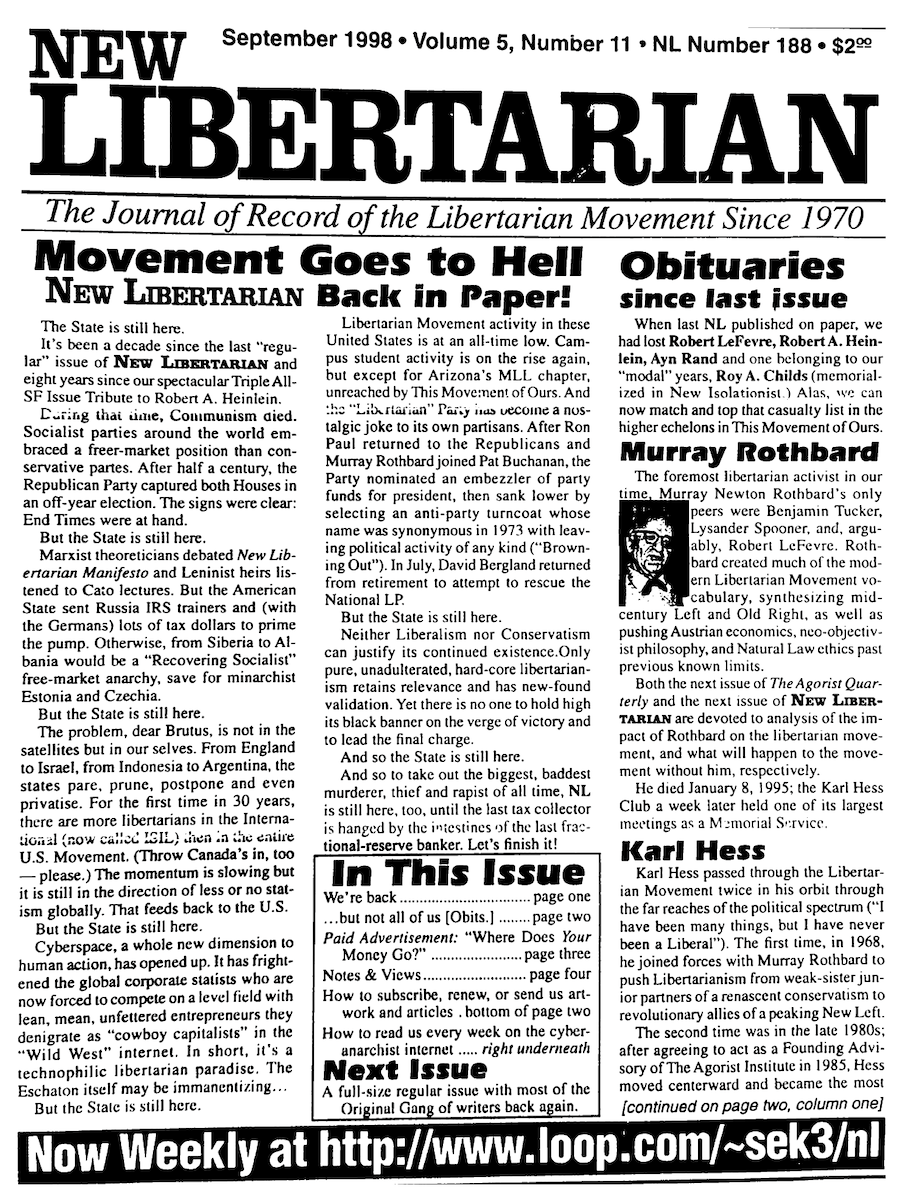 Image of cover for New Libertarian Vol. 5 #11 — September, 1998 (NL188).