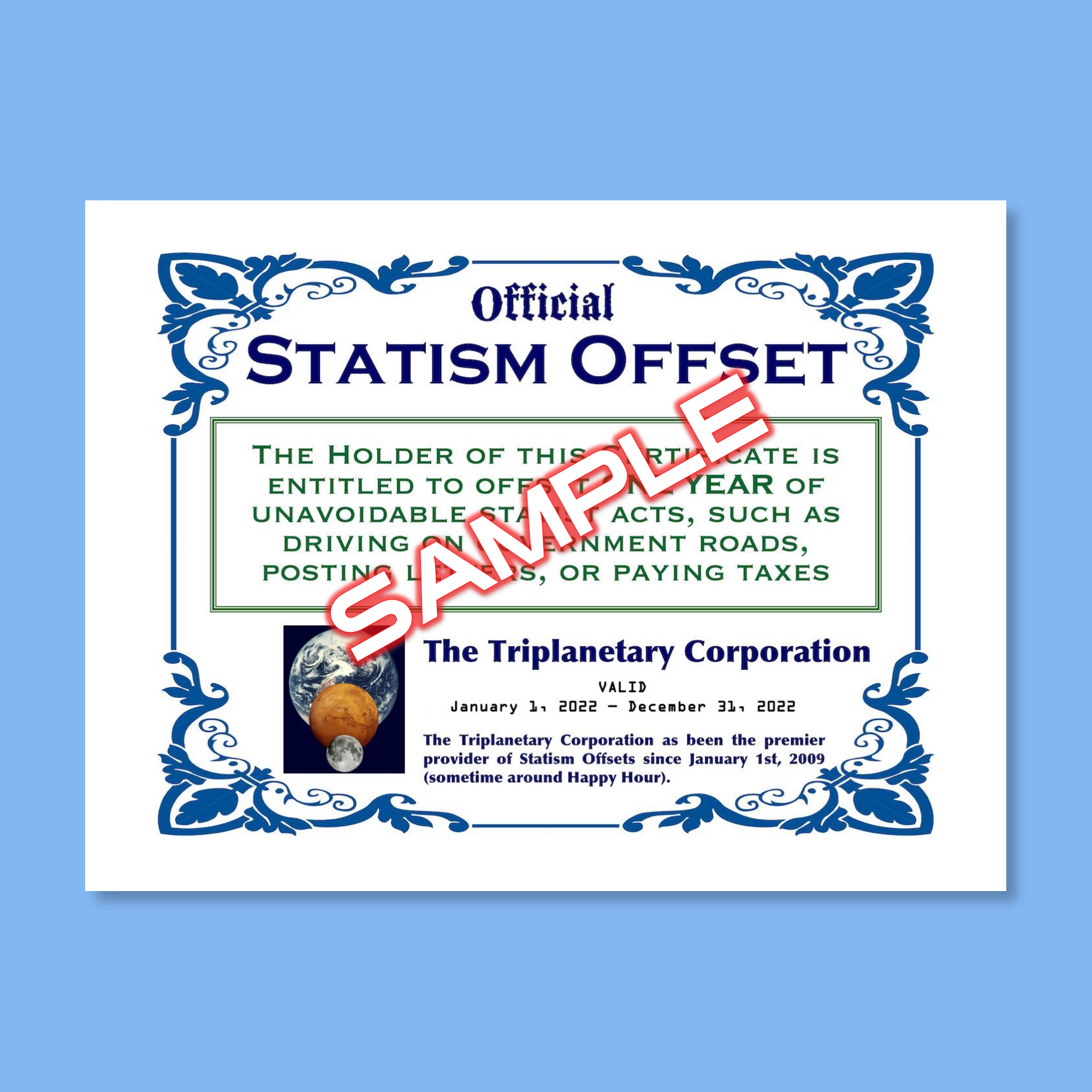 Blue-bordered image of 'Statism Offset' Certificate