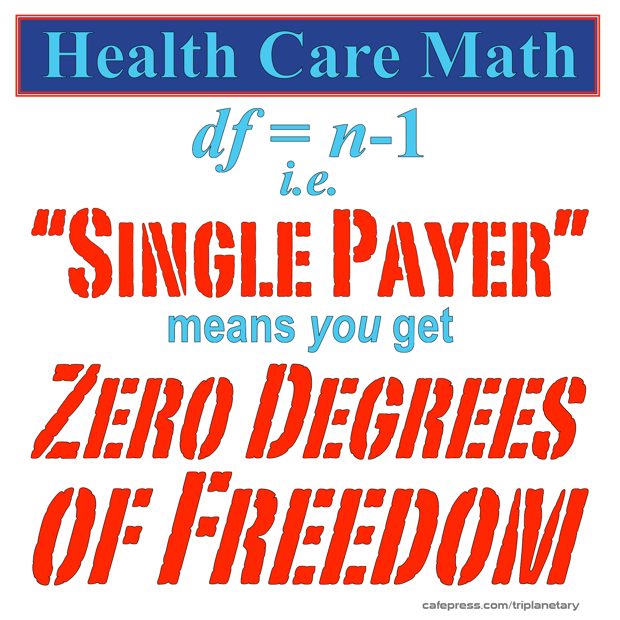 Red, blue, and white image reading 'Health Care Math: Single Payer = Zero Degrees of Freedom'
