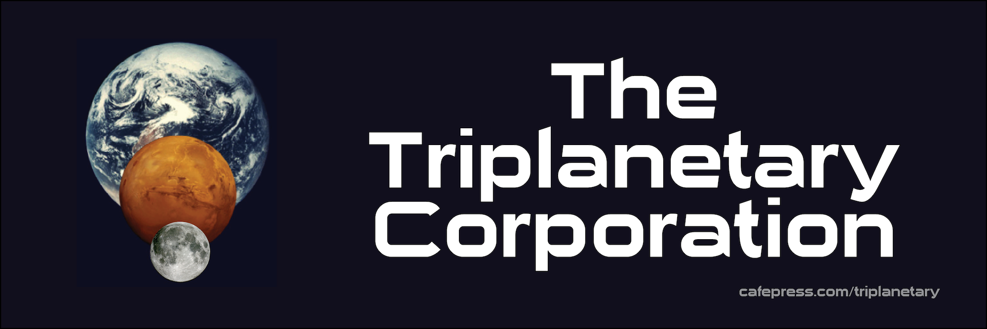 Black background with images of Earth, Mars, and Moon with Triplanetary Corporation logo