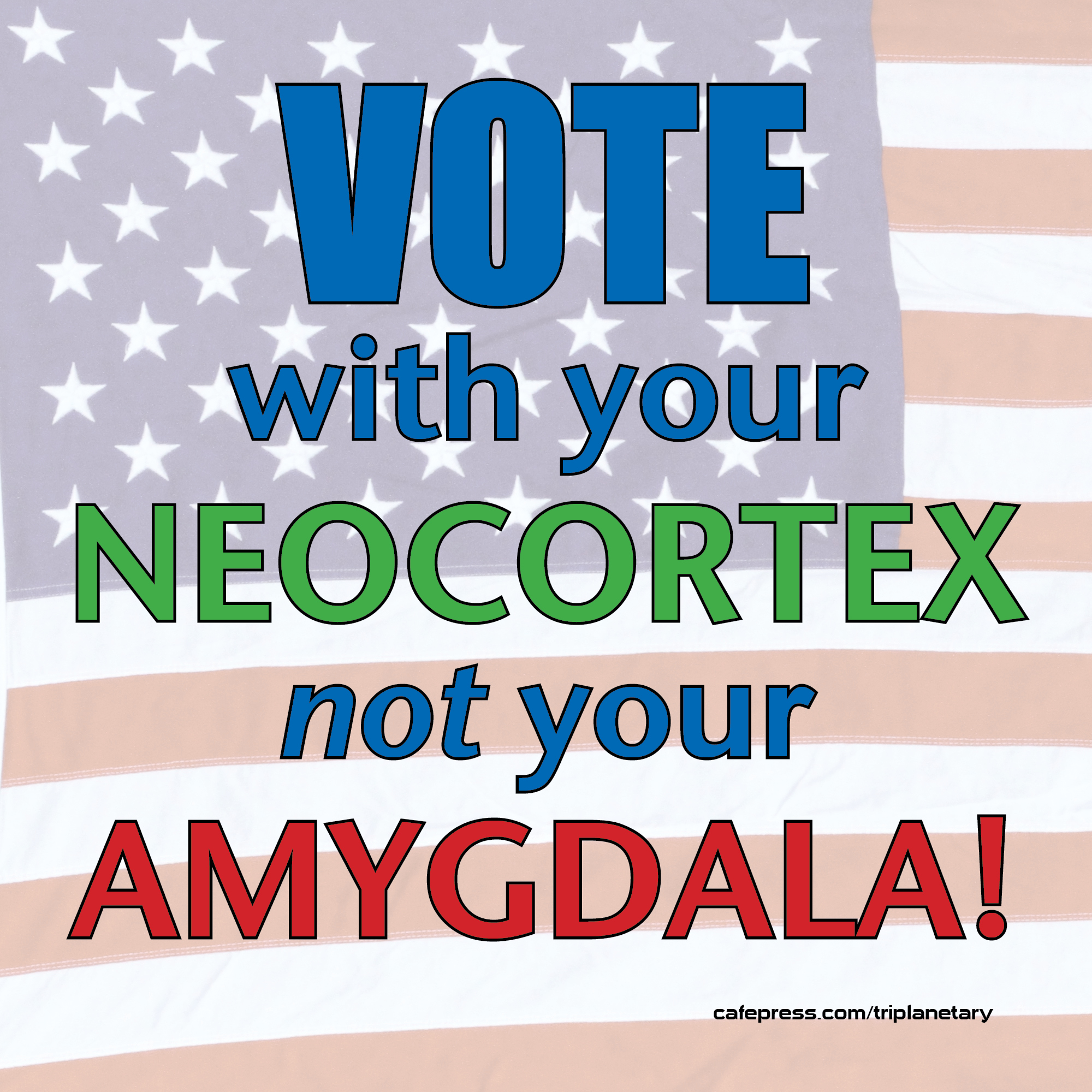 Red, white, blue, and green image of 'Vote With Your Neocortex, Not Your Amygdala' T-shirt